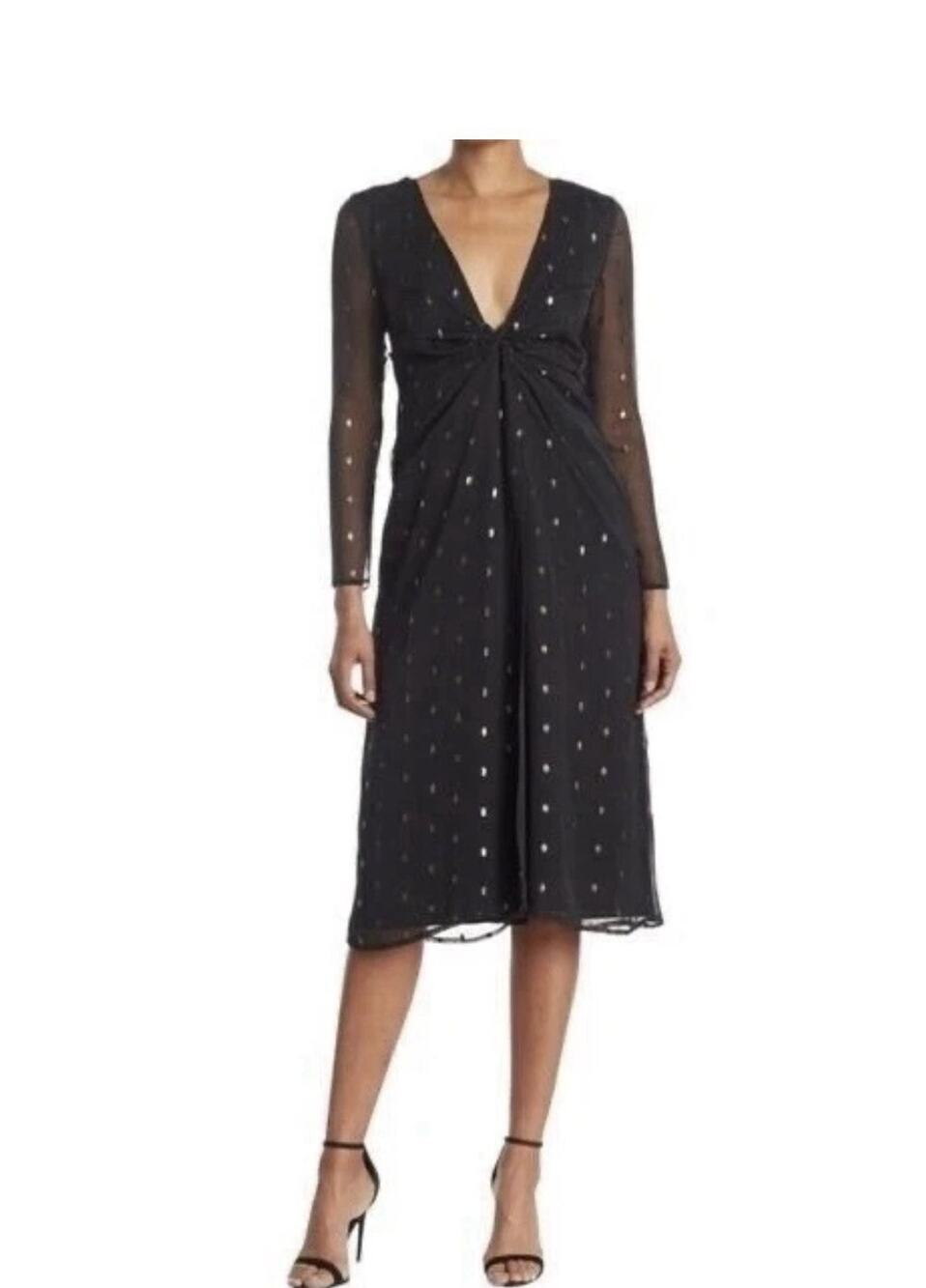 NSR NWT Nordstrom Black Gold Dot Chiffon Empire Twist Dress Size MEDIUM